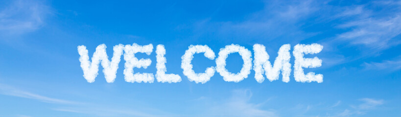 Welcome word made of clouds on blue sky background