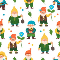 Cute seamless pattern with different gnomes. Endless repeatable backdrop with fairy tale characters. Flat vector illustration.