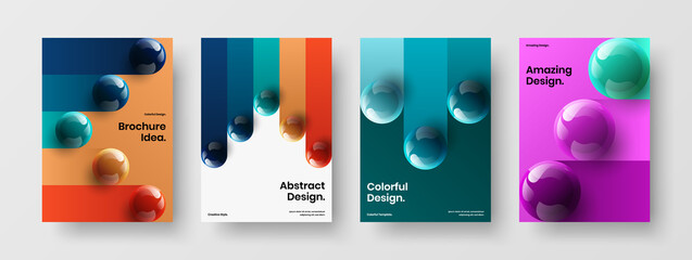 Geometric company brochure design vector illustration composition. Clean realistic balls catalog cover template set.