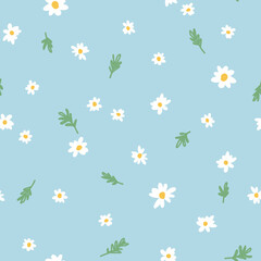 simple seamless pattern, white daisy with green leaves on blue, fashion textile or wallpaper background, vector illustration - 493062858