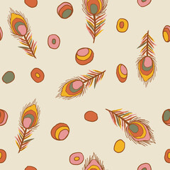 seamless pattern vintage colorful peacock feather with circle object, fashion textile or wallpaper background, vector illustration - 493062860