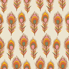 seamless pattern vintage colorful peacock feather, fashion textile or wallpaper background, vector illustration - 493062861