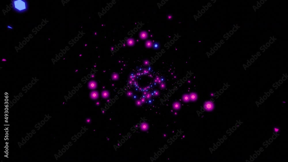 Poster bright shiny particles fly in tunnel on black background. design. beautiful glowing particles hypnot
