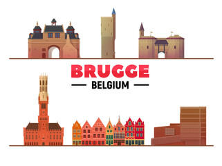 Fototapeta premium Bruges ( Brugge ) Belgium most famous landmarks on white background. Vector Illustration. Business travel and tourism concept with modern buildings. Image for banner or web site.