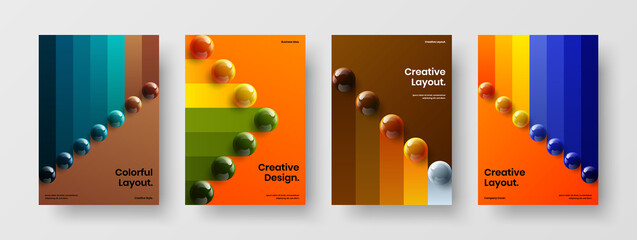 Bright book cover design vector layout composition. Premium realistic spheres brochure template set.