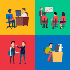 Business training and presentation colorful icons set in cartoon style. Concept of business success and development. Office computer work and freelance. 