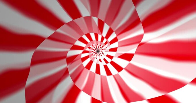 Mesmerizing animation with warping spirals made from a red and white checker pattern