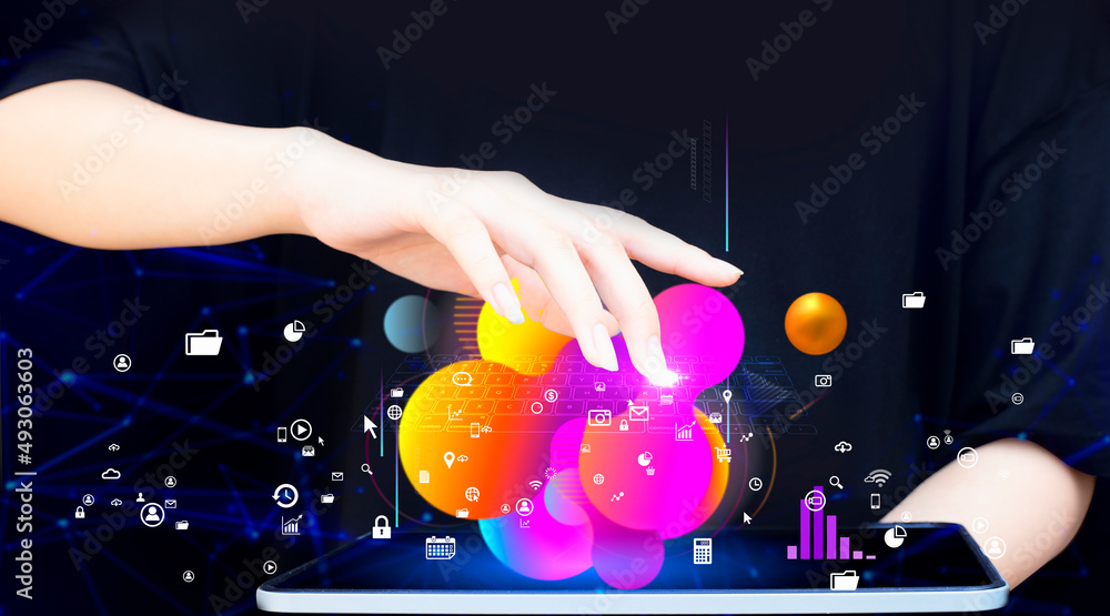 Poster social media icon communication internet network connection - women use smartphones searching inform