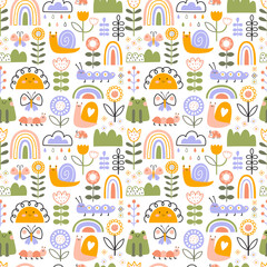 Seamless pattern with snails, frog, flowers, sun and rainbow. Vector illustration in hand drawn cartoon style.