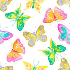 Fototapeta na wymiar Watercolor butterflies, seamless pattern. Colourful abstract tropical print. 