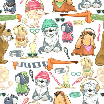 set of dogs, cartoon, seamless pattern dogs, seamless pattern, vector illustration, shepherd, pug, bulldog, commander, labrador, poodle, dachshund, clothes, brush, bowl