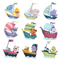 Collection of cute animals sailing on boat or ship steamer.  set funny baby cartoon sailors on sailboat with water waves isolated on white background