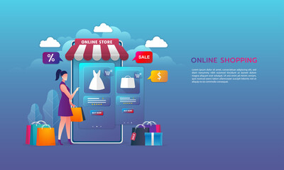 Online shopping on website E-commerce or mobile phone applications and digital marketing. The woman is shopping on mobile phone. Vector flat design concept.