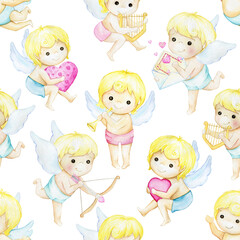 Cute cupids, in cartoon style. Watercolor seamless pattern, on an isolated background.