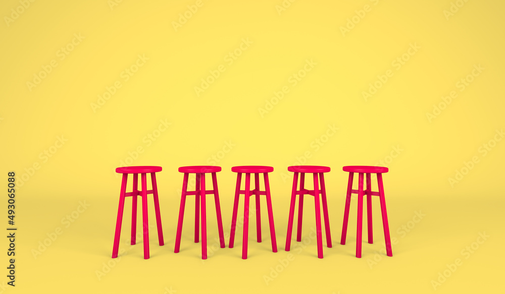 Poster 3d rendering, realistic mock up of red barstool, empty space for copy, yellow color background.