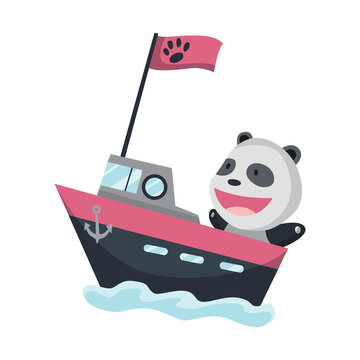 Cute panda animal sailing on boat.  funny cartoon sailor on ship steamer with water waves isolated on white background. Baby character