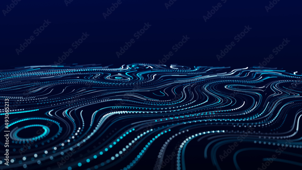 Poster a flow of smooth swirling vortices. glowing coils of turbulence on a blue background. abstract digit