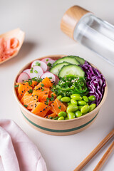 Vegan Poke bowl with Plant based salmon, wakame and edamame