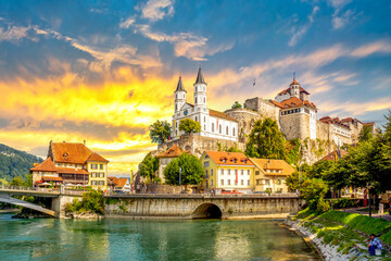 Church and Castle, Aarburg in Switzerland 