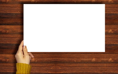 closeup woman hands holding a blank papers, billboard for your design or logo or text