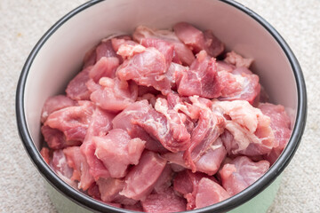 Pieces of pork meat. Raw pork pieces in pot.