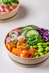 Vegan Poke bowl with Plant based seafood, salmon, tuna