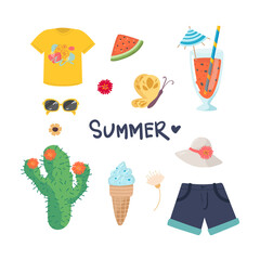 Set of cute summer icons: food, drinks, palm leaves, fruits and flamingo. Bright summertime poster. Collection of scrapbooking elements for beach party.