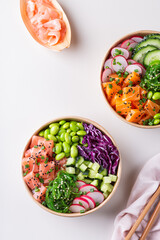 Vegan Poke bowl with Plant based seafood, salmon, tuna