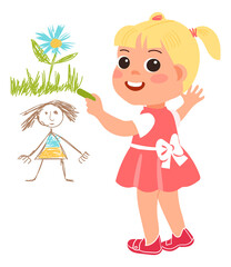 Girl drawing cute pictures. Cartoon kid character