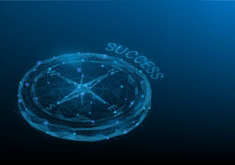 Isometric business navigate compass low poly wireframe on bkue dark background.  consisting of point line and triangle. Guiding direction and vision. Strategy way to goal concept. vector illustration. © Yellow duck
