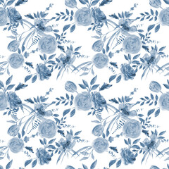 Bouquet of roses. Light blue flowers. Watercolor background