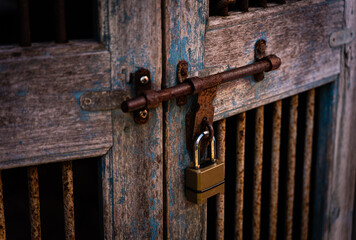 Locked door, old wooden, vintage