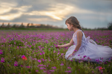 Obraz na płótnie Canvas Little Girl Picking Flowers In Texas Wildflower Field At Sunset