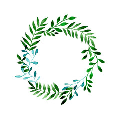 watercolor drawing. wreath, round made of leaves. abstract forest herbs and leaves, eucalyptus and fern