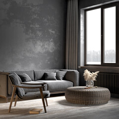 Living room interior in loft, scandinavian style, 3d render