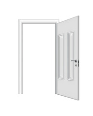 Opened white entrance. Realistic door with frame isolated on white background. Clean design white door template. Decorative house element