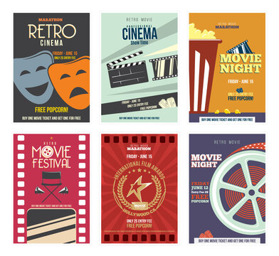 Colorful Retro Cinema Poster with movie design elements, Film Projector, popcorn,  glasses, clapper, megaphone, reel and more.  Vintage Collection of  Cinematography Icons. 