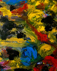 acrylic painting, abstract painting with striking yellow and red, blue and green