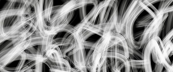 Abstract black and white background, creative random brush lines, thick flowing swirl, smooth motion smoke