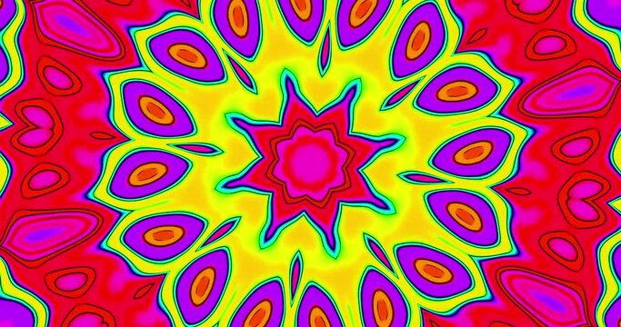 Kaleidoscope animation with colorful, morphing flower shapes and patterns with solid colors and a black outline.