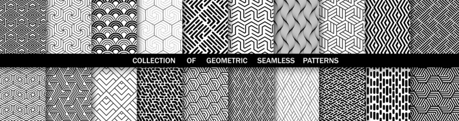 Geometric set of seamless black and white patterns. Simple vector graphics