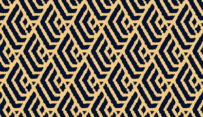 Abstracte geometrische patroon. Een naadloze vectorachtergrond. Goud en donkerblauw ornament. Grafisch modern patroon. Eenvoudig rooster grafisch ontwerp