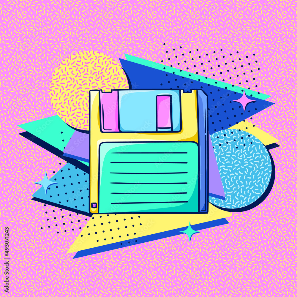 Poster Floppy disk 90s style poster. Retro diskette. Retro disk storage. 1990s technology. Nostalgia for the 90s.