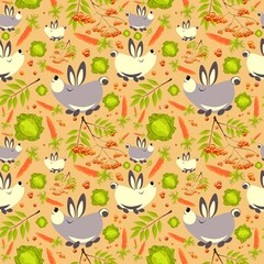 Summer forest pattern with cute hares, carrots, cabbages, rowan leaves and fruits. Seamless pattern for fabric, paper and other printing and web projects.