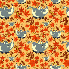 Autumn forest pattern with cute wolves and maple tree leaves . Seamless pattern for fabric, paper and other printing and web projects.