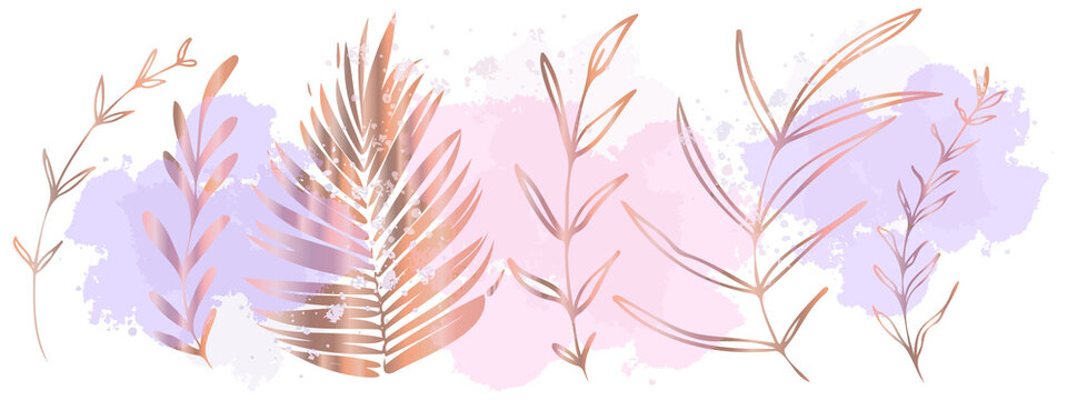 Vector plants and grasses in gold style with shiny effects and colorful watercolor splashes. Minimalist style. Hand drawn plants. With leaves and organic shapes. For your own design.