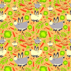 Summer forest pattern with cute hares, carrots, cabbages, rowan leaves and fruits. Seamless pattern for fabric, paper and other printing and web projects.