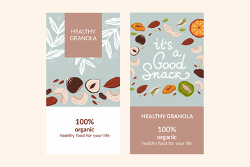 Healthy granola packaging design template. Colorful hand drawn vector illustration of dried fruits and nuts.