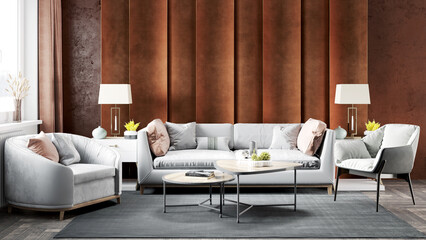 Living room interior in loft, scandinavian style, 3d render
