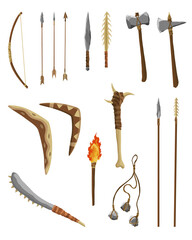 Ancient age stone tools and weapon for hunting or work. Cartoon hammer, axe, arrow and spear with arrowhead prehistoric caveman instrument.  illustration of primitive culture tools in flat style